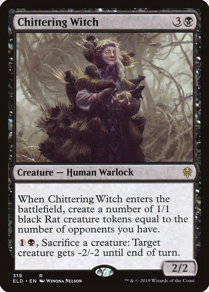 2019 Throne of Eldraine Chittering Witch #319 rare card image