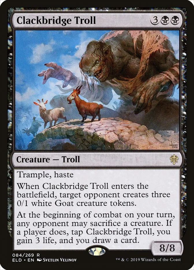 2019 Throne of Eldraine Clackbridge Troll rare #84 rare card image