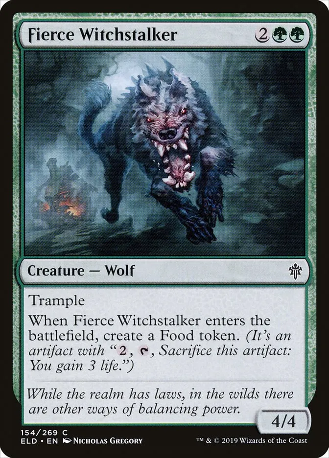 2019 Throne of Eldraine Fierce Witchstalker common #154 common card image