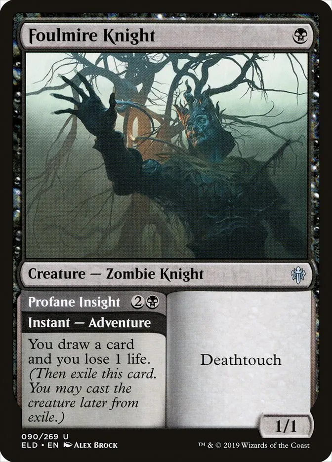 2019 Throne of Eldraine Foulmire Knight // Profane Insight #90 uncommon card image