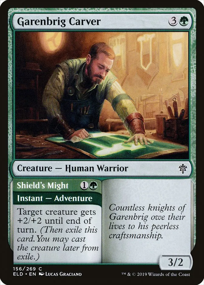 2019 Throne of Eldraine Garenbrig Carver // Shield's Might #156 common card image