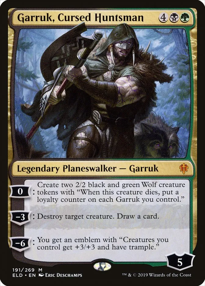2019 Throne of Eldraine Garruk, Cursed Huntsman mythic #191 mythic card image