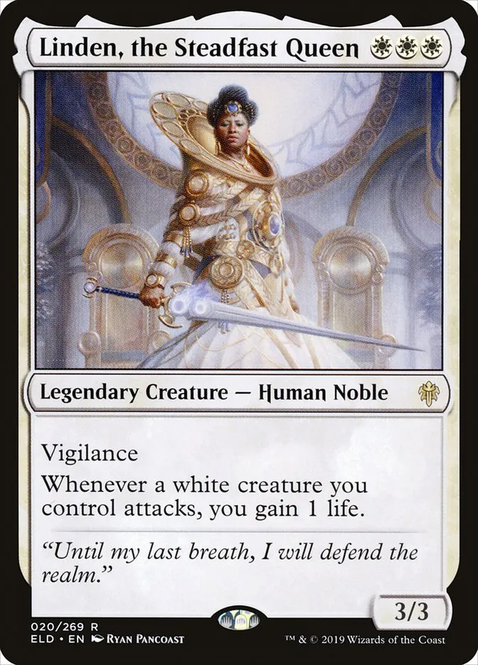 2019 Throne of Eldraine Linden, the Steadfast Queen rare #20 rare card image