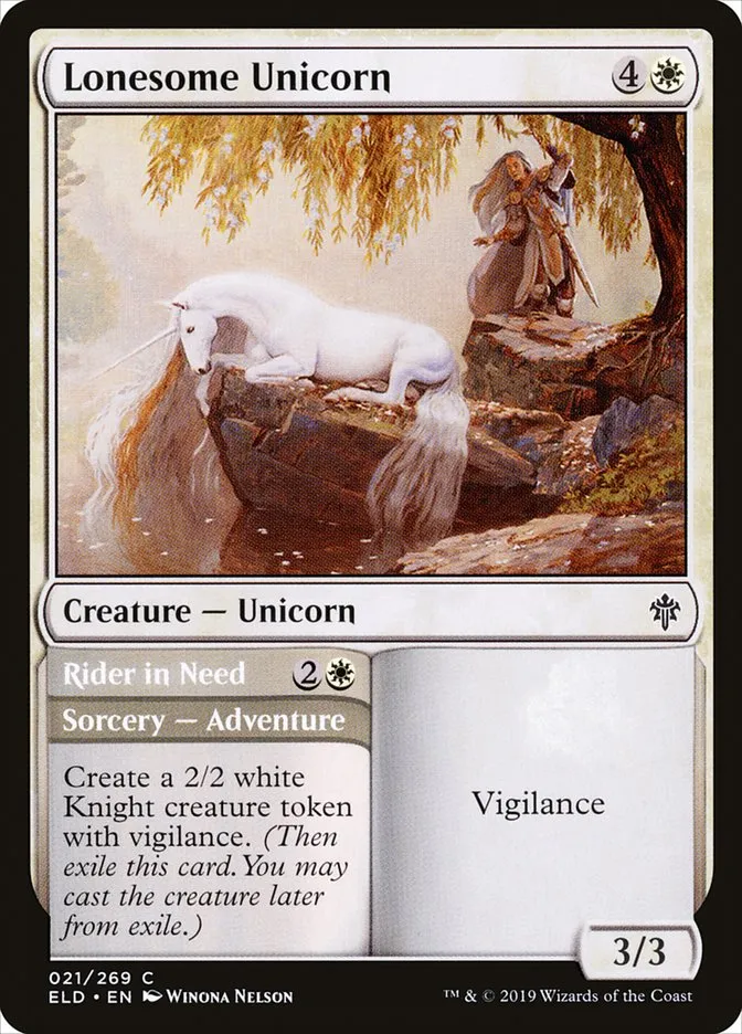 2019 Throne of Eldraine Lonesome Unicorn // Rider in Need common #21 common card image