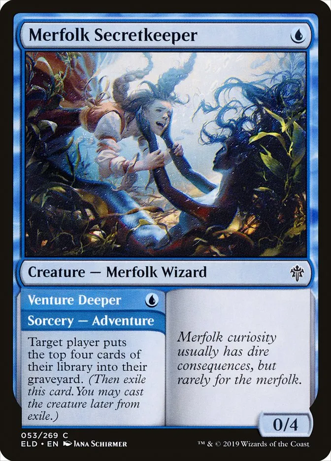 2019 Throne of Eldraine Merfolk Secretkeeper // Venture Deeper common #53 common card image