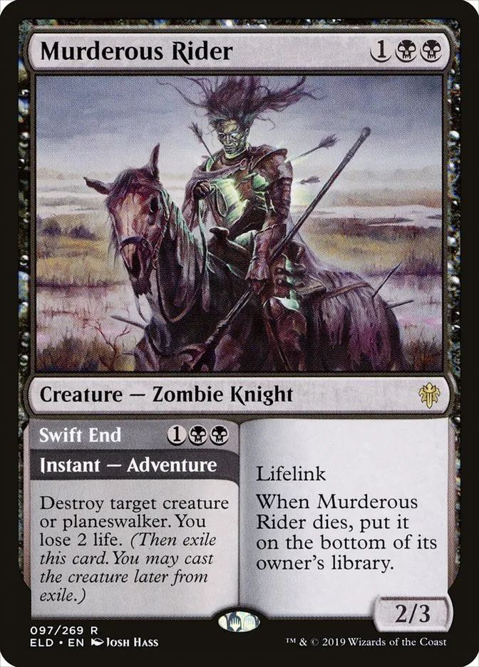 2019 Throne of Eldraine Murderous Rider // Swift End rare #97 rare card image