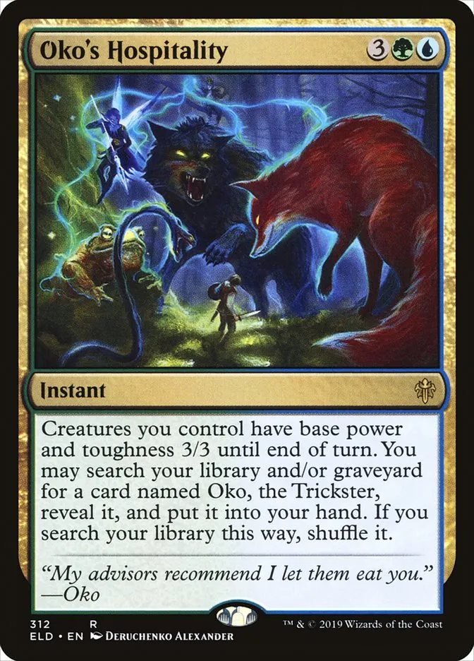 2019 Throne of Eldraine Oko's Hospitality rare #312 rare card image