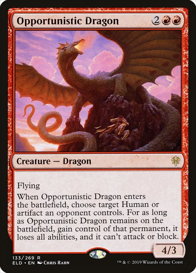 2019 Throne of Eldraine Opportunistic Dragon rare #133 rare card image