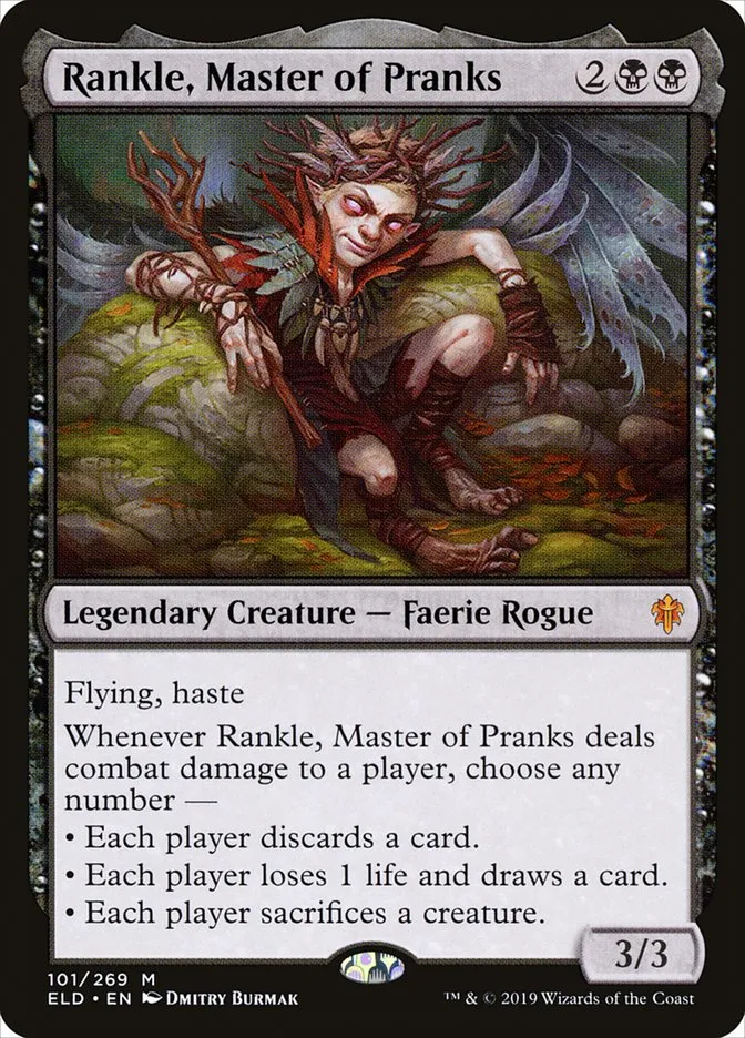 2019 Throne of Eldraine Rankle, Master of Pranks mythic #101 mythic card image