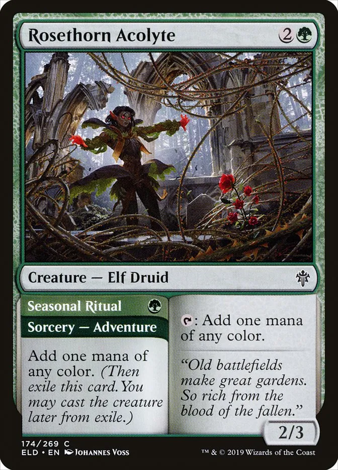 2019 Throne of Eldraine Rosethorn Acolyte // Seasonal Ritual #174 common card image