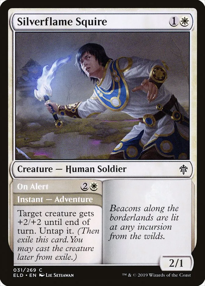 2019 Throne of Eldraine Silverflame Squire // On Alert common #31 common card image