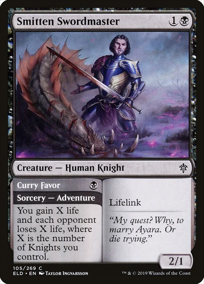 2019 Throne of Eldraine Smitten Swordmaster // Curry Favor common #105 common card image