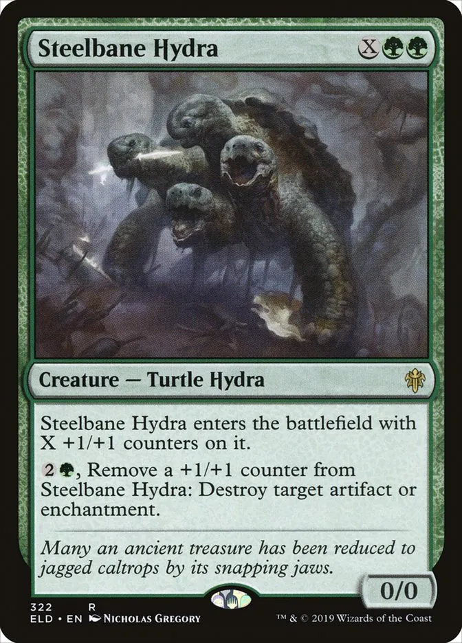 2019 Throne of Eldraine Steelbane Hydra #322 rare card image