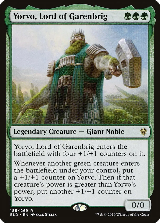 2019 Throne of Eldraine Yorvo, Lord of Garenbrig rare #185 rare card image