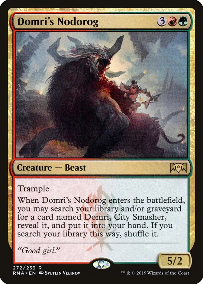 2019 Ravnica Allegiance Domri's Nodorog #272 rare card image