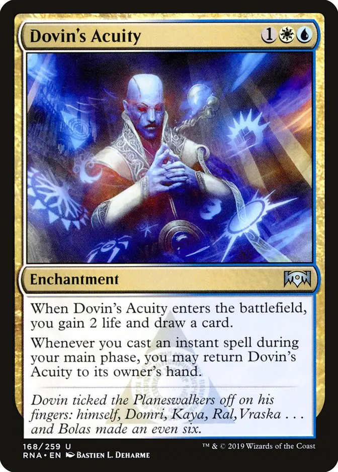 2019 Ravnica Allegiance Dovin's Acuity #168 uncommon card image