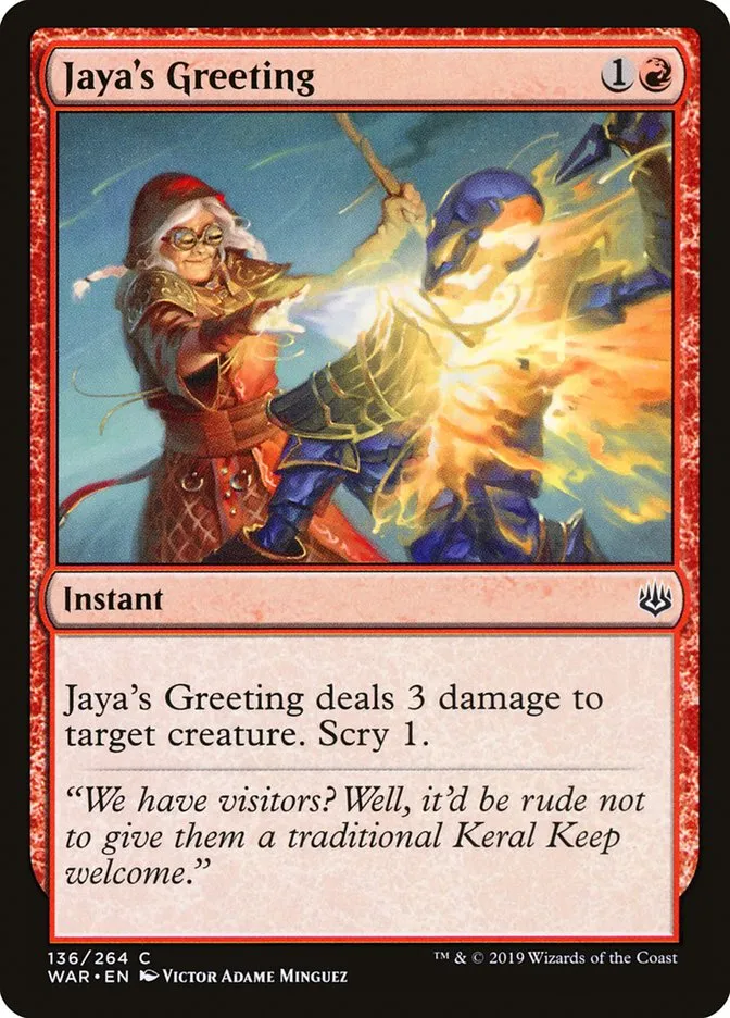 2019 War of the Spark Jaya's Greeting #136 common card image