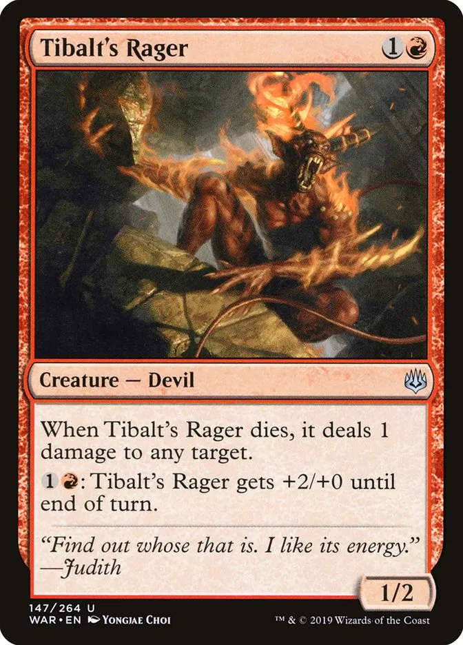 2019 War of the Spark Tibalt's Rager #147 uncommon card image