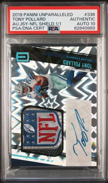 2019 Panini 336 Tony Pollard Unparalleled Autograph Jersey-Nfl Shield #1/1 card image