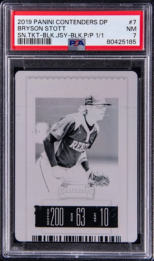 2019 Panini Contenders Draft Picks Bryson Stott, Black Season Ticket Black Printing Plate #7 card image