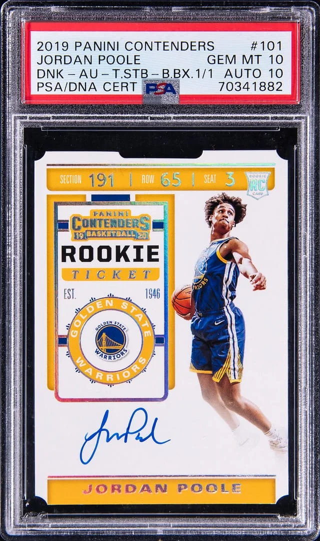 2019 Panini Contenders Jordan Poole Dunking-Autograph-Ticket Stub-Black Box 1/1 #101 card image