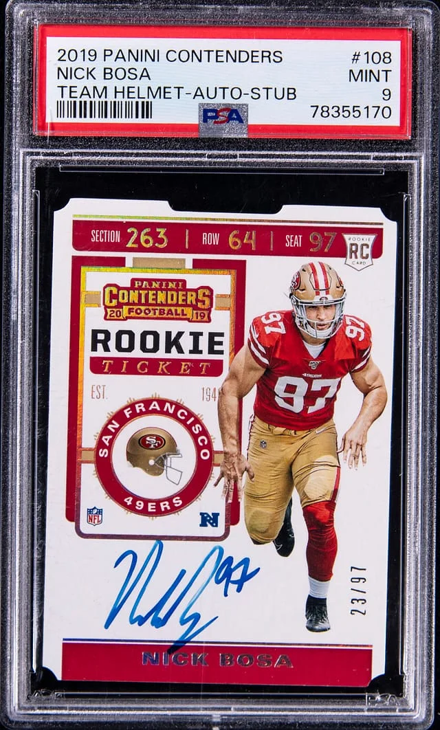 2019 Panini Contenders Nick Bosa Team Helmet-Autograph-Cracked Ice #108 card image