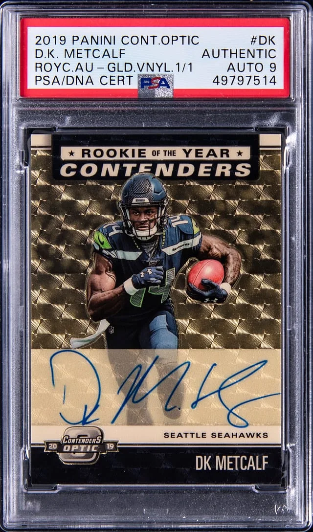 2019 Panini Contenders Optic DK Metcalf Of The Year Contenders Autographs Gold Vinyl Prizm #ROY-DK card image
