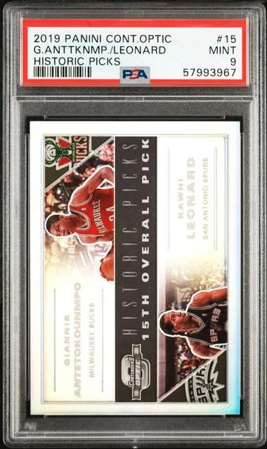 2019 Panini Contenders Optic Giannis Antetokounmpo/Kawhi Leonard Historic Picks #15 card image