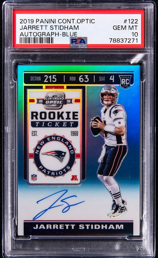 2019 Panini Contenders Optic Jarrett Stidham Ticket Autograph Blue #122 card image