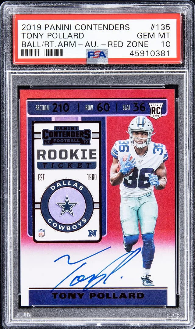 2019 Panini Contenders Tony Pollard Ball/Right Arm Autograph Red Zone #135 card image