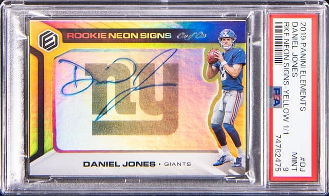 2019 Panini Daniel Jones Elements Neon Signs Yellow #DJ card image
