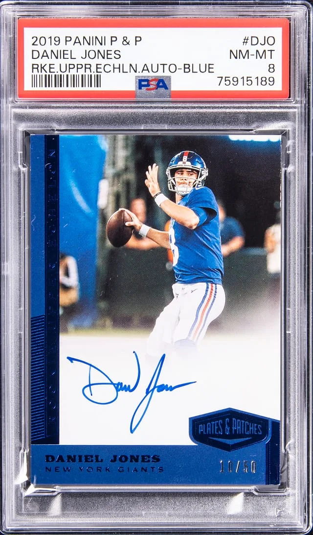 2019 Panini Daniel Jones Plates & Patches Upper Echelon Blue Autograph #UE-DJO card image
