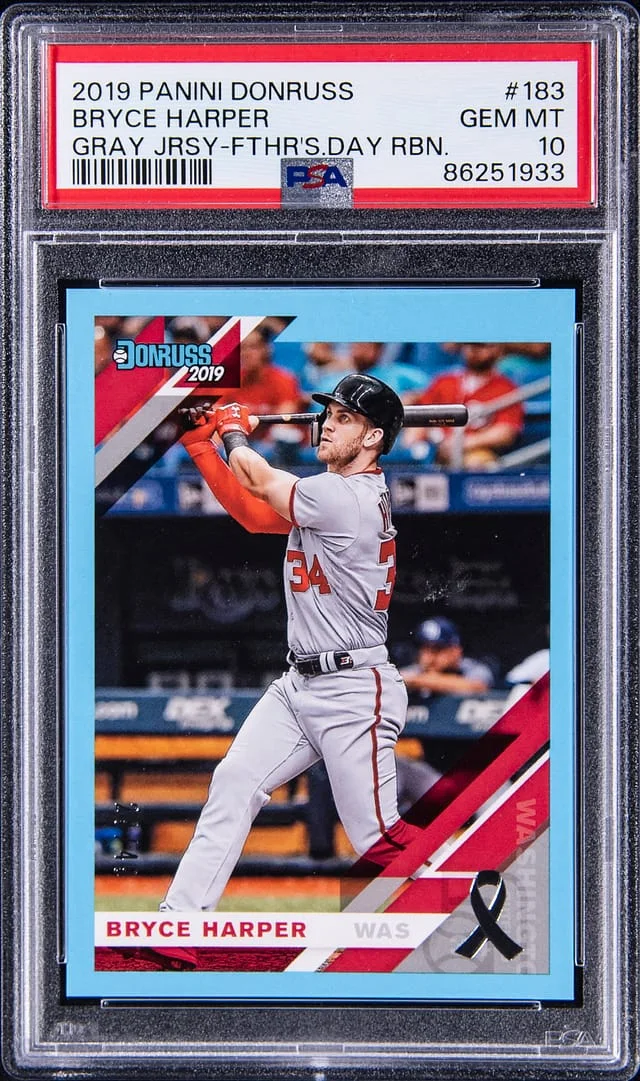 2019 Panini Donruss Bryce Harper Gray Jersey Fathers Day Ribbon #183 card image