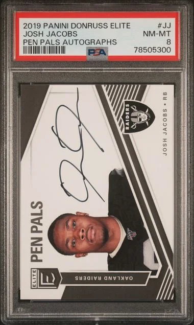 2019 Panini Donruss Elite Pen Pals Autographs Jj Josh Jacobs #no-number card image