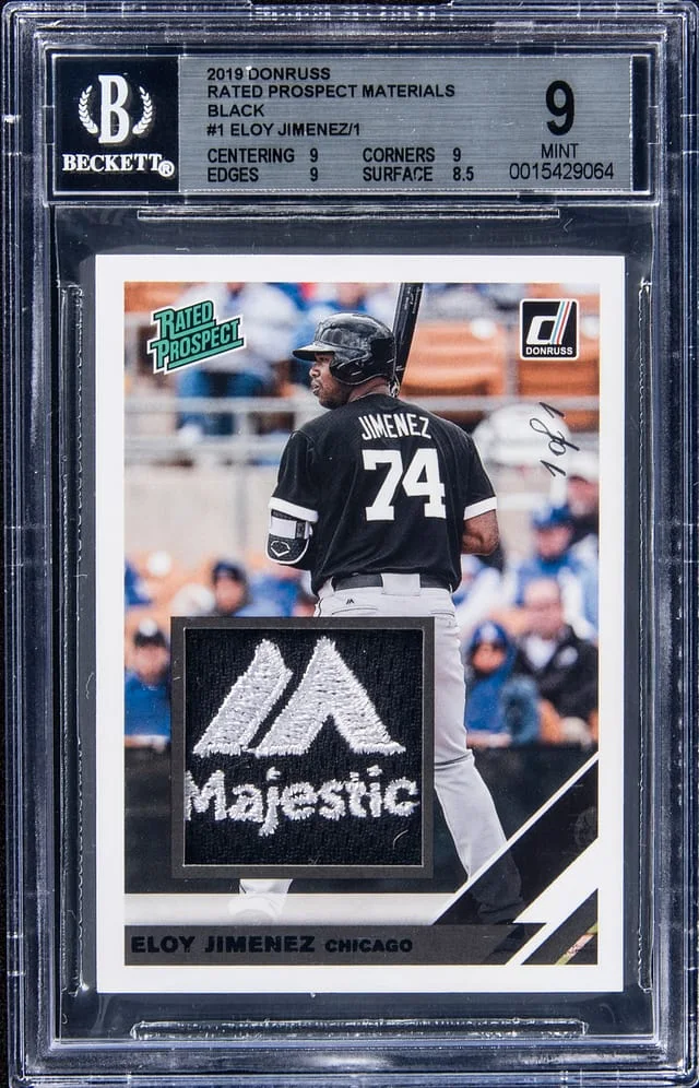 2019 Panini Donruss Eloy Jimenez Rated Prospect Materials Black #RPM-TJ card image