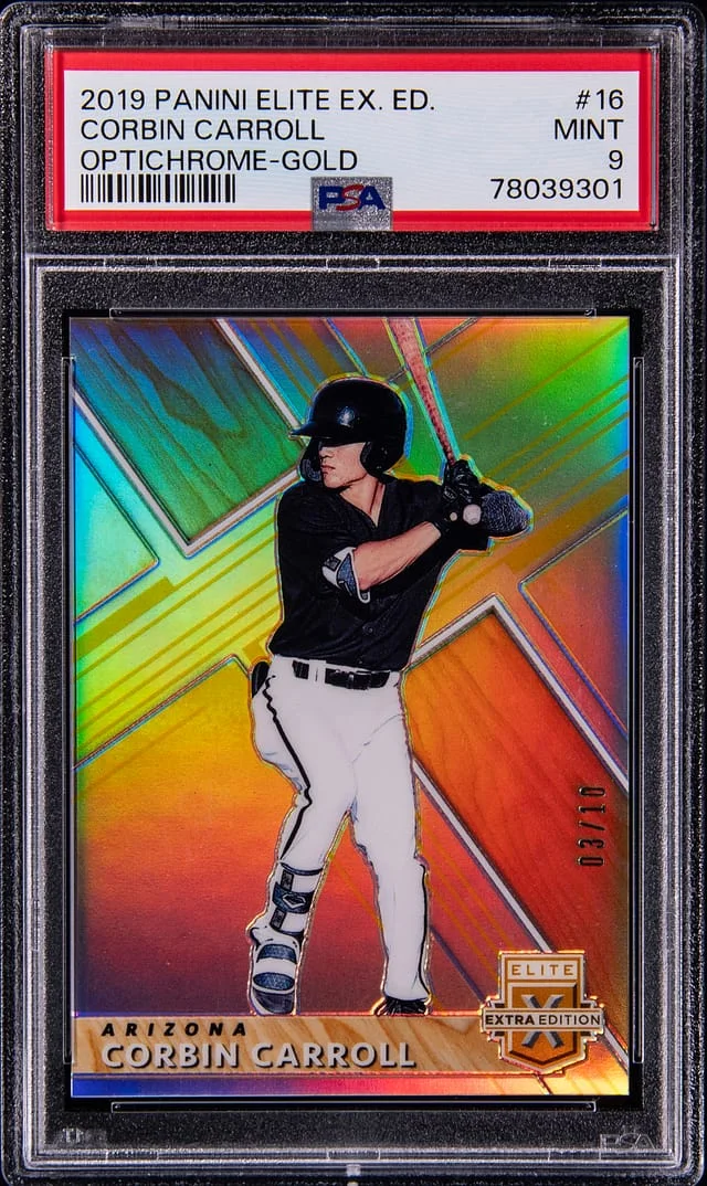 2019 Panini Elite Extra Edition Corbin Carroll Optichrome Gold #16 card image