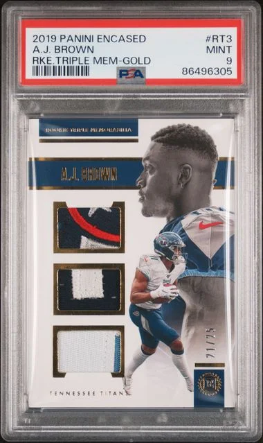 2019 Panini Encased A.J. Brown Triple Memorabilia Gold #RT3 card image