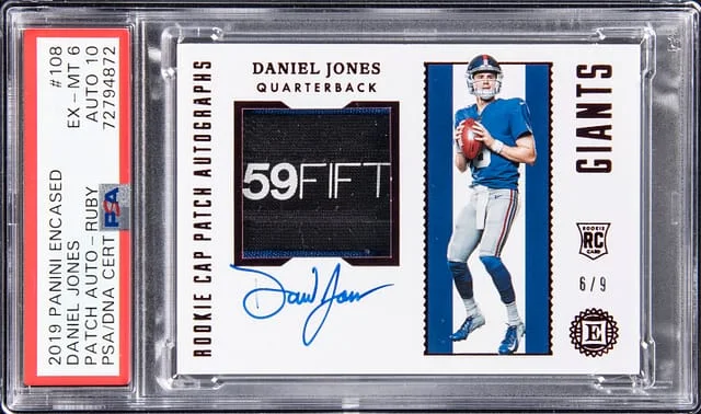 2019 Panini Encased Daniel Jones Cap Patch Autographs Red #108 card image