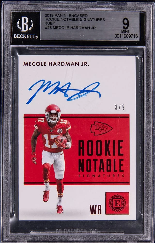 2019 Panini Encased Mecole Hardman Jr. Notable Signatures Ruby #RNS-MHJ card image