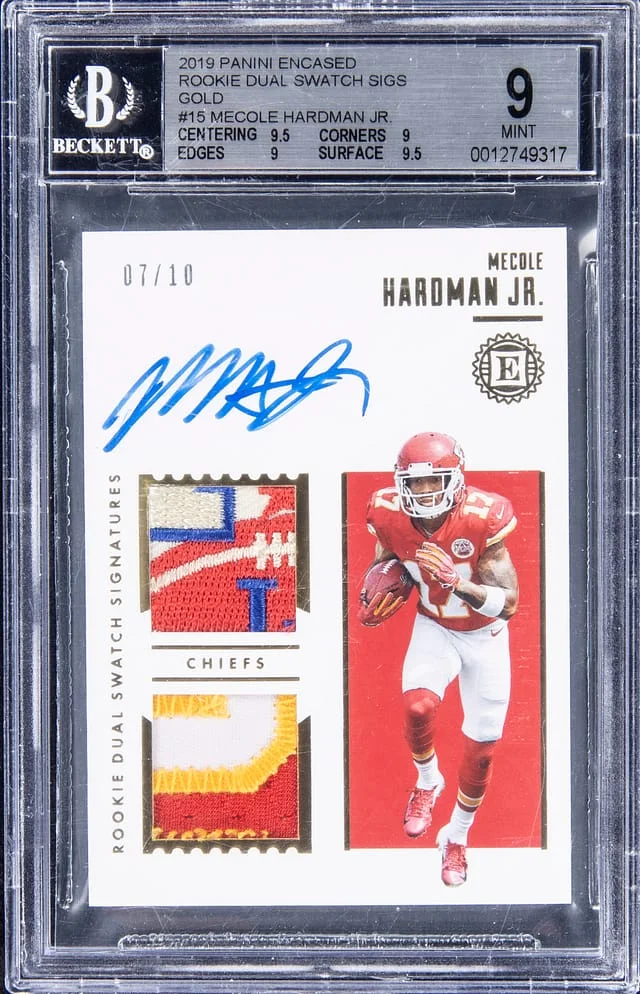 2019 Panini Encased Mecole Hardman Jr. Dual Swatch Sigs Gold #RSS-MGA card image