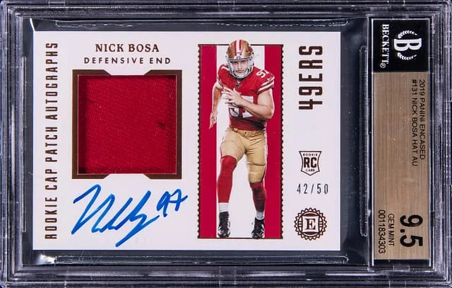 2019 Panini Encased Nick Bosa Cap Patch Autographs #131 card image