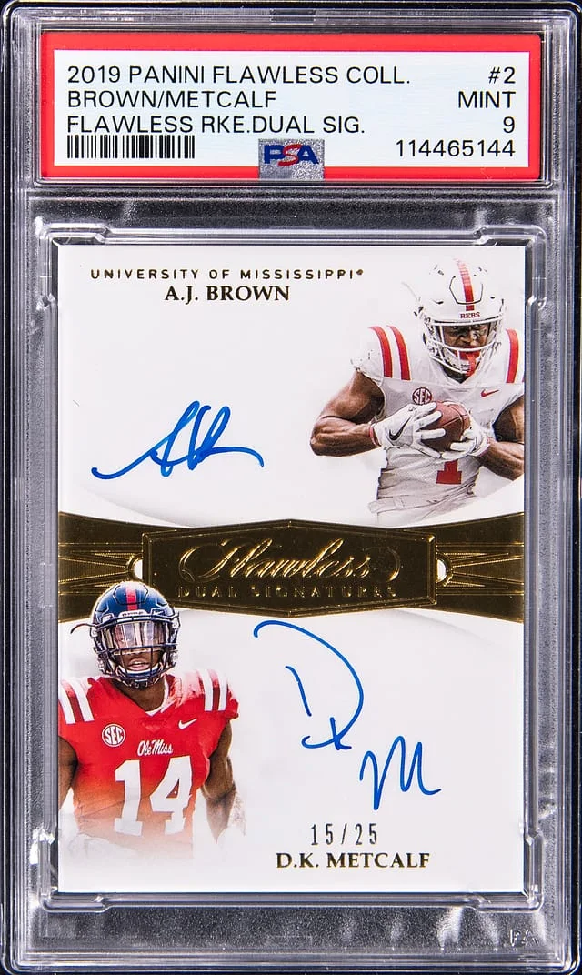 2019 Panini Flawless AJ Brown AJ Brown/DK Metcalf Dual Collegiate Flawless Dual Signature #2 card image