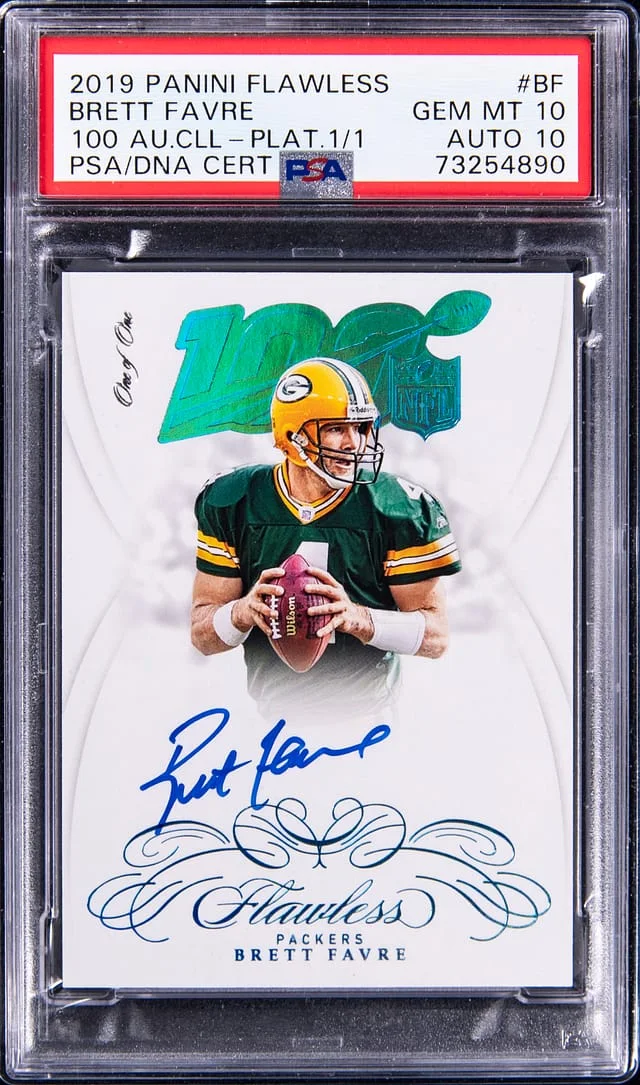 2019 Panini Flawless Brett Favre Nfl 100 Autograph Collection Platinum 1/1 #BF card image