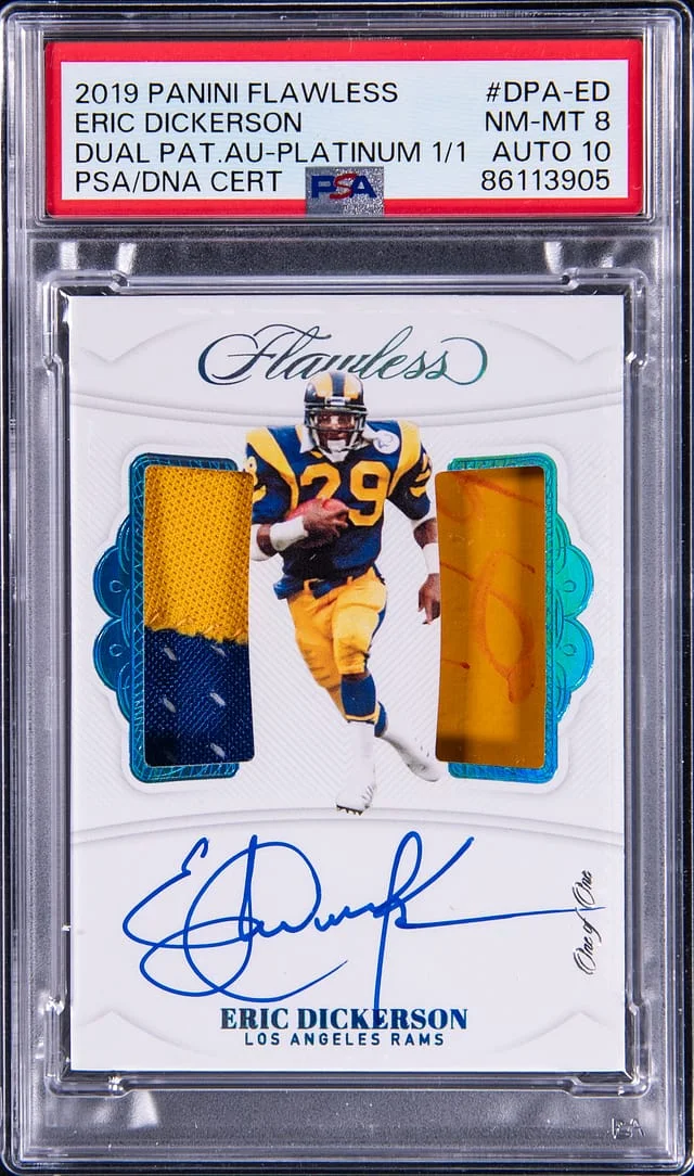 2019 Panini Flawless Eric Dickerson Dual Patch Autograph Platinum #DPA-ED card image