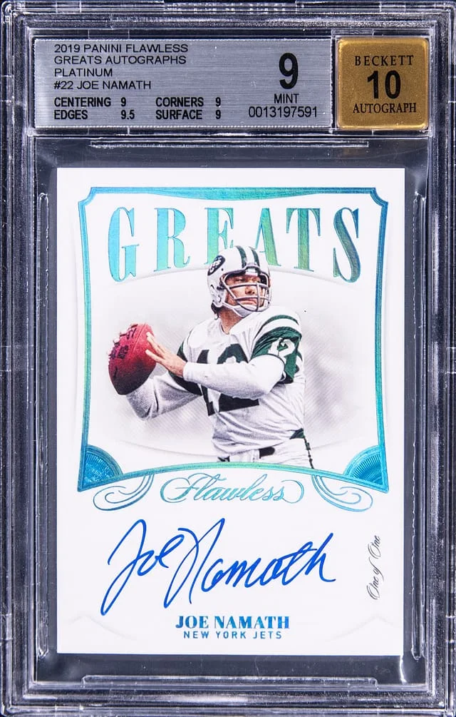 2019 Panini Flawless Joe Namath Greats Autographs Sapphire #22 card image