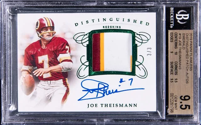 2019 Panini Flawless Joe Theismann Distinguished Patch Autograph Emerald #DA-JTH card image