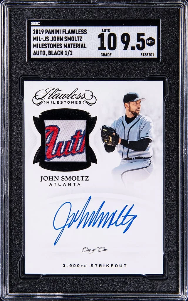 2019 Panini Flawless John Smoltz Milestones Material Autograph, Black #MIL-JS card image