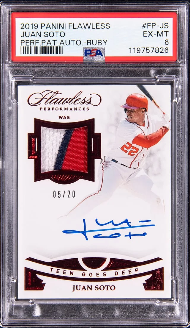 2019 Panini Flawless Juan Soto Perormance Patch Autograph Ruby #FP-JS card image