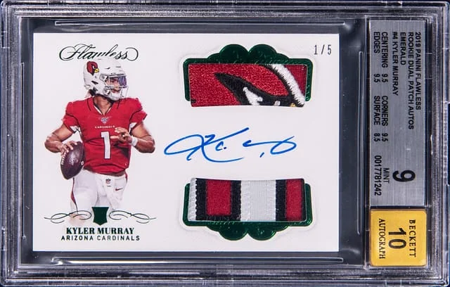 2019 Panini Flawless Kyler Murray Dual Patch Autograph Emerald #DPA-KM card image