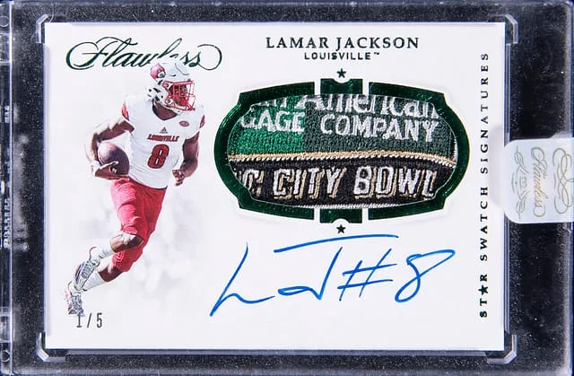2019 Panini Flawless Lamar Jackson Collegiate Star Swatch Signatures #32 card image